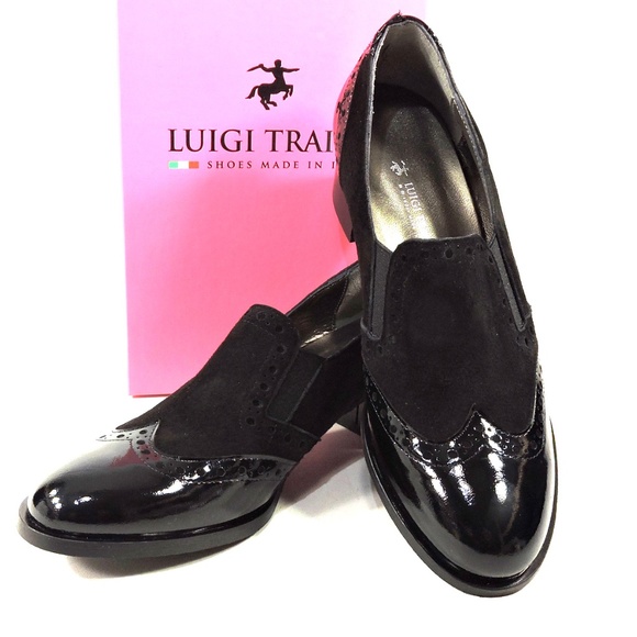 LUIGI TRAINI 🇮🇹 WOMENS BLACK PATENT LEATHER AND SUEDE COMFORT HEELED LOAFERS - Picture 8 of 8